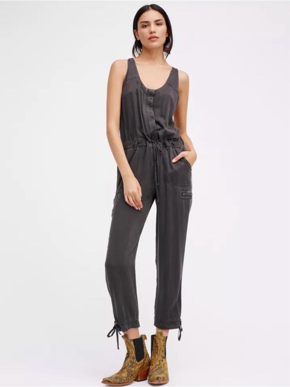 Free People Roaring Rayon Utilitarian Jumpsuit Charcoal Size 0